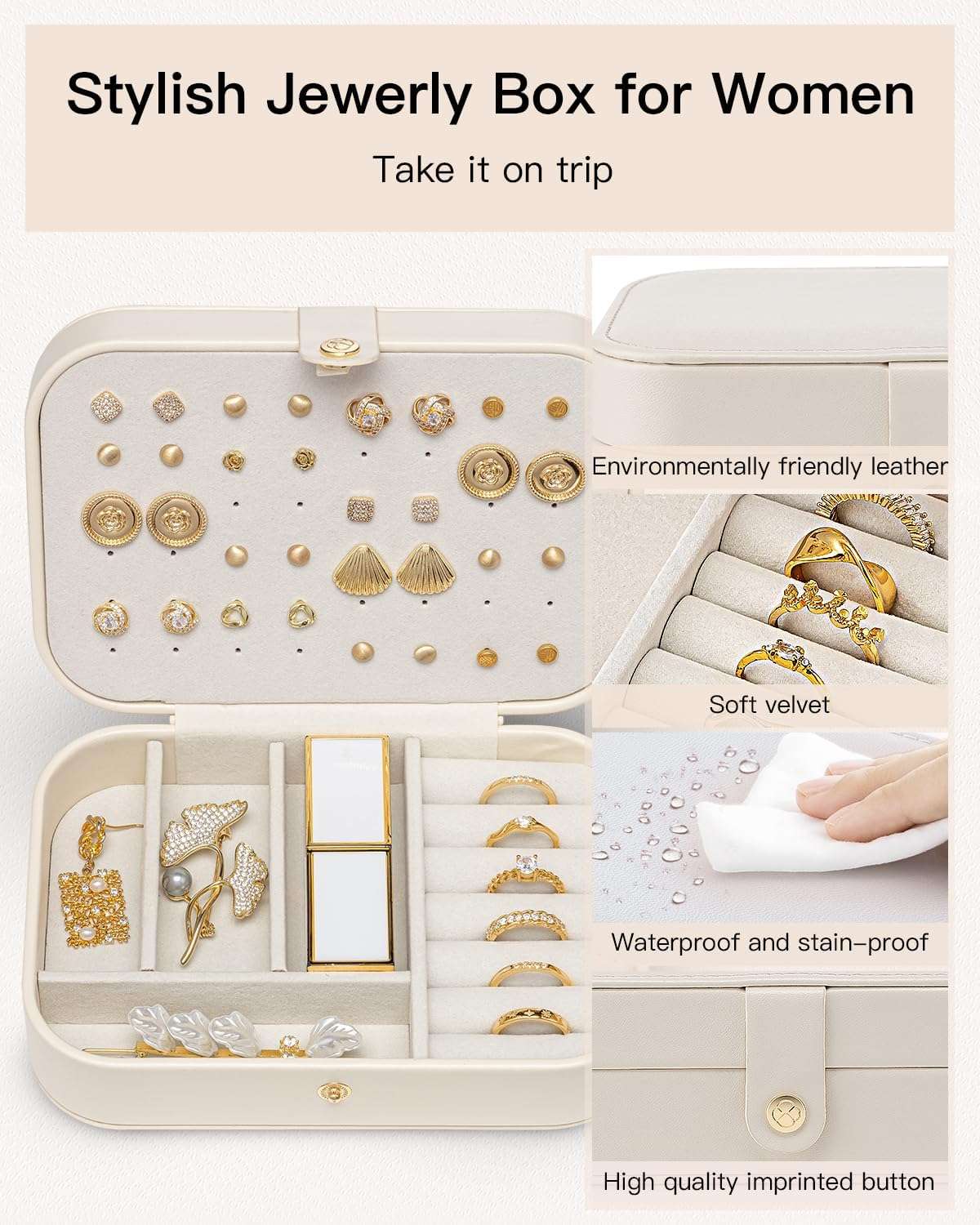 Vlando Travel Jewelry Case for Women Girls Mothers, PU Leather Portable Small Jewelry Box for Rings, Necklaces, Bracelets, Earring Holder Organizer Storage for Travel Gifts Graduation Gifts - Beige - 5