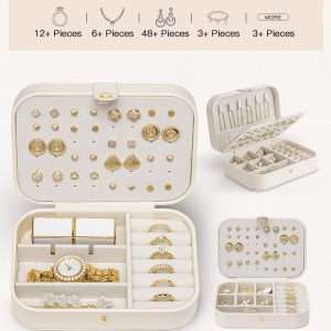 Vlando Travel Jewelry Case for Women Girls Mothers, PU Leather Portable Small Jewelry Box for Rings, Necklaces, Bracelets, Earring Holder Organizer Storage for Travel Gifts Graduation Gifts - Beige - 7