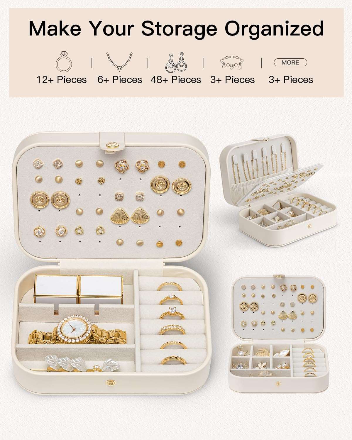 Vlando Travel Jewelry Case for Women Girls Mothers, PU Leather Portable Small Jewelry Box for Rings, Necklaces, Bracelets, Earring Holder Organizer Storage for Travel Gifts Graduation Gifts - Beige - 7