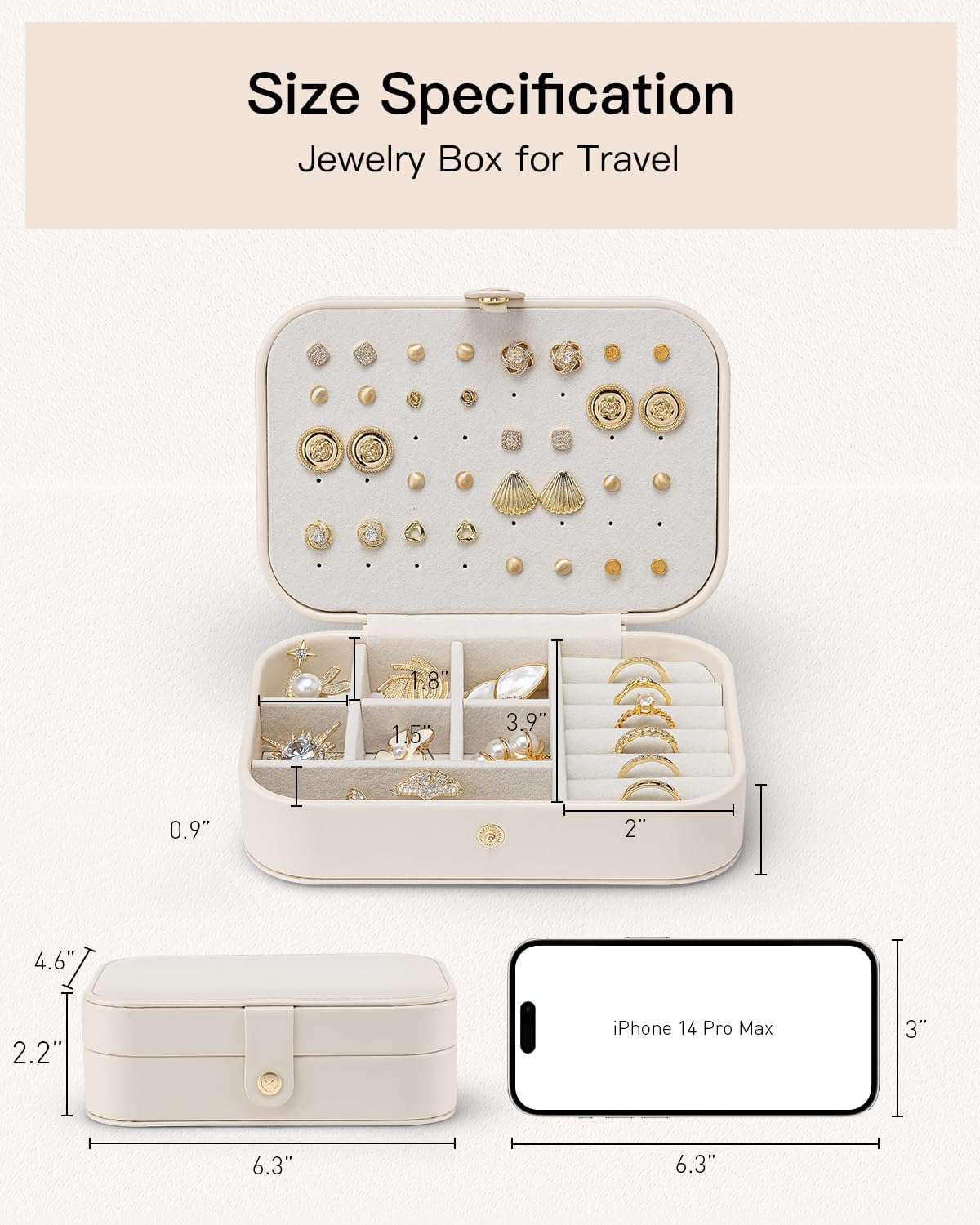 Vlando Travel Jewelry Case for Women Girls Mothers, PU Leather Portable Small Jewelry Box for Rings, Necklaces, Bracelets, Earring Holder Organizer Storage for Travel Gifts Graduation Gifts - Beige - 8