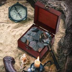 ELLDOO Small Treasure Jewelry Chest Box, Vintage Pirate Keepsakes Box for Gifts, Wooden Storage Box Decorative for Pearl Trinkets Tarot Cards Chakra Stone - 7