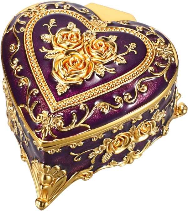 Hipiwe Decorative Jewelry Box Purple Vintage Jewelry Storage Case with Rose Pattern Heart Shaped Treasure Chest Box for Earrings Ring Necklace Keepsake Organizer - 1