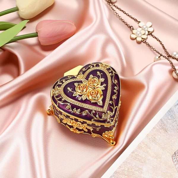 Hipiwe Decorative Jewelry Box Purple Vintage Jewelry Storage Case with Rose Pattern Heart Shaped Treasure Chest Box for Earrings Ring Necklace Keepsake Organizer - 2