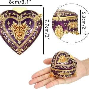 Hipiwe Decorative Jewelry Box Purple Vintage Jewelry Storage Case with Rose Pattern Heart Shaped Treasure Chest Box for Earrings Ring Necklace Keepsake Organizer - 3