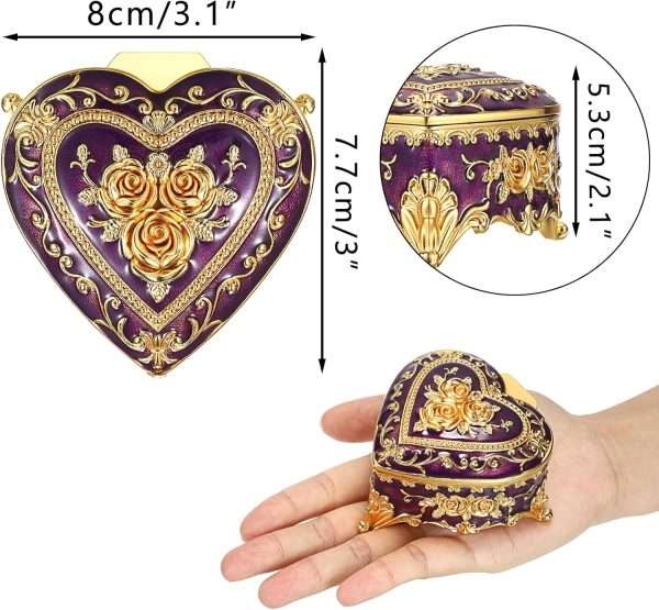 Hipiwe Decorative Jewelry Box Purple Vintage Jewelry Storage Case with Rose Pattern Heart Shaped Treasure Chest Box for Earrings Ring Necklace Keepsake Organizer - 3