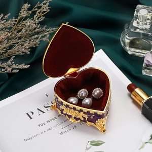 Hipiwe Decorative Jewelry Box Purple Vintage Jewelry Storage Case with Rose Pattern Heart Shaped Treasure Chest Box for Earrings Ring Necklace Keepsake Organizer - 4