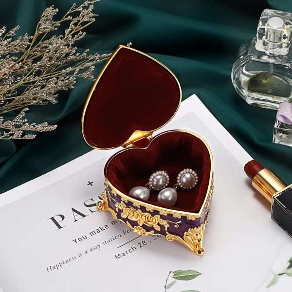 Hipiwe Decorative Jewelry Box Purple Vintage Jewelry Storage Case with Rose Pattern Heart Shaped Treasure Chest Box for Earrings Ring Necklace Keepsake Organizer - 4