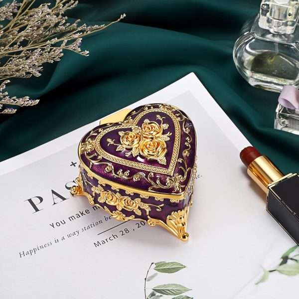 Hipiwe Decorative Jewelry Box Purple Vintage Jewelry Storage Case with Rose Pattern Heart Shaped Treasure Chest Box for Earrings Ring Necklace Keepsake Organizer - 6