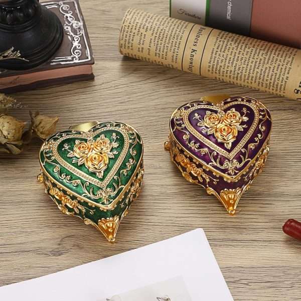 Hipiwe Decorative Jewelry Box Purple Vintage Jewelry Storage Case with Rose Pattern Heart Shaped Treasure Chest Box for Earrings Ring Necklace Keepsake Organizer - 7