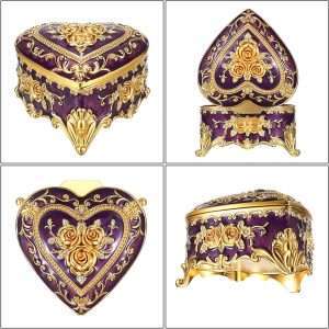 Hipiwe Decorative Jewelry Box Purple Vintage Jewelry Storage Case with Rose Pattern Heart Shaped Treasure Chest Box for Earrings Ring Necklace Keepsake Organizer - 8