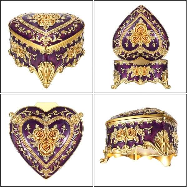Hipiwe Decorative Jewelry Box Purple Vintage Jewelry Storage Case with Rose Pattern Heart Shaped Treasure Chest Box for Earrings Ring Necklace Keepsake Organizer - 8