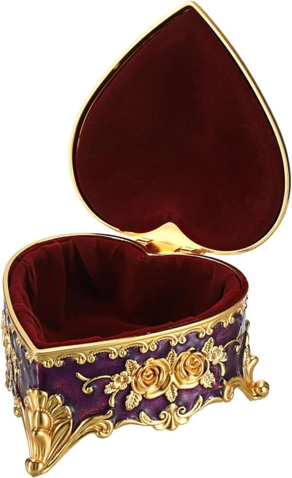 Hipiwe Decorative Jewelry Box Purple Vintage Jewelry Storage Case with Rose Pattern Heart Shaped Treasure Chest Box for Earrings Ring Necklace Keepsake Organizer - 9