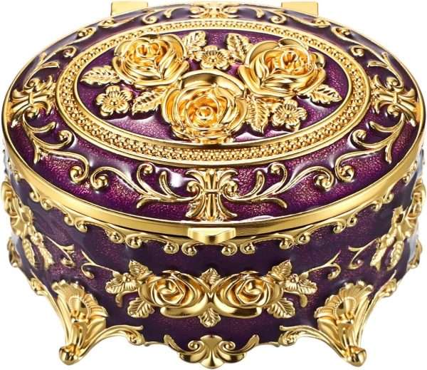 Hipiwe Vintage Oval Jewelry Storage Box Metal Trinket Organizer Purple Treasure Chest Box for Earring Necklace Ring Holder Gift for Women - 1