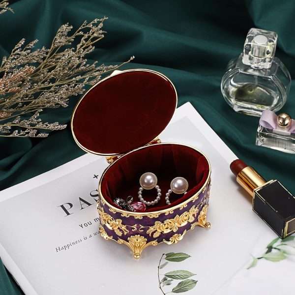 Hipiwe Vintage Oval Jewelry Storage Box Metal Trinket Organizer Purple Treasure Chest Box for Earring Necklace Ring Holder Gift for Women - 2