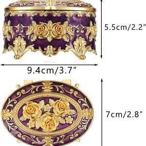 Hipiwe Vintage Oval Jewelry Storage Box Metal Trinket Organizer Purple Treasure Chest Box for Earring Necklace Ring Holder Gift for Women - 3