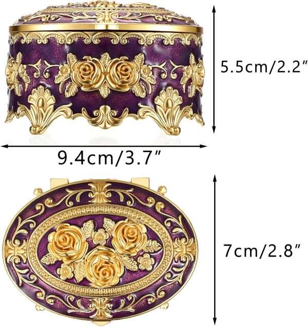 Hipiwe Vintage Oval Jewelry Storage Box Metal Trinket Organizer Purple Treasure Chest Box for Earring Necklace Ring Holder Gift for Women - 3