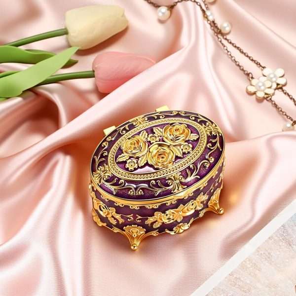 Hipiwe Vintage Oval Jewelry Storage Box Metal Trinket Organizer Purple Treasure Chest Box for Earring Necklace Ring Holder Gift for Women - 4