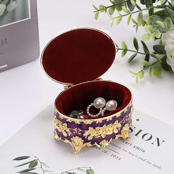 Hipiwe Vintage Oval Jewelry Storage Box Metal Trinket Organizer Purple Treasure Chest Box for Earring Necklace Ring Holder Gift for Women - 6
