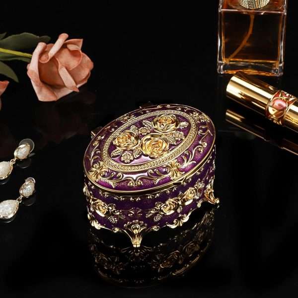 Hipiwe Vintage Oval Jewelry Storage Box Metal Trinket Organizer Purple Treasure Chest Box for Earring Necklace Ring Holder Gift for Women - 7