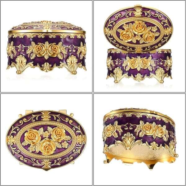 Hipiwe Vintage Oval Jewelry Storage Box Metal Trinket Organizer Purple Treasure Chest Box for Earring Necklace Ring Holder Gift for Women - 8