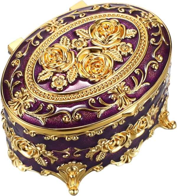 Hipiwe Vintage Oval Jewelry Storage Box Metal Trinket Organizer Purple Treasure Chest Box for Earring Necklace Ring Holder Gift for Women - 9