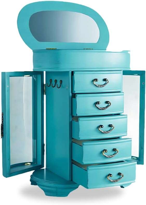 Hives & Honey Daphne Oval Glass Turquoise Jewelry Chest Jewelry Organizer Box Case Mirrored Storage - 1