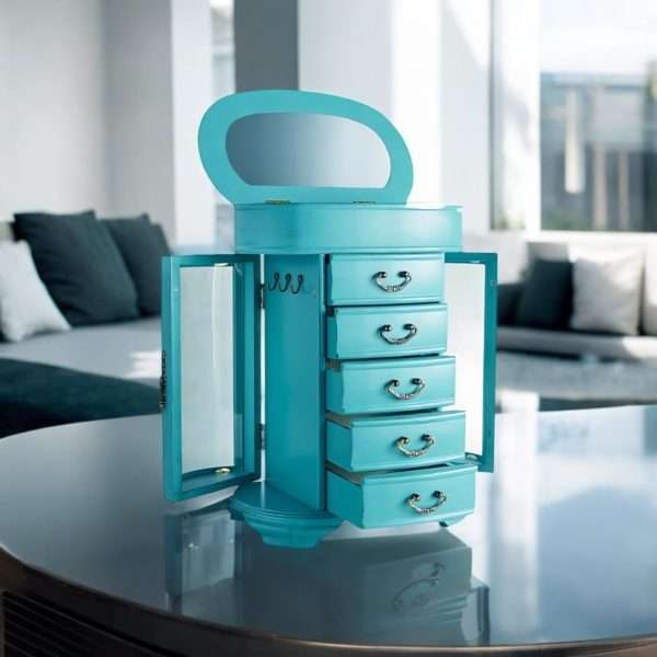 Hives & Honey Daphne Oval Glass Turquoise Jewelry Chest Jewelry Organizer Box Case Mirrored Storage - 10