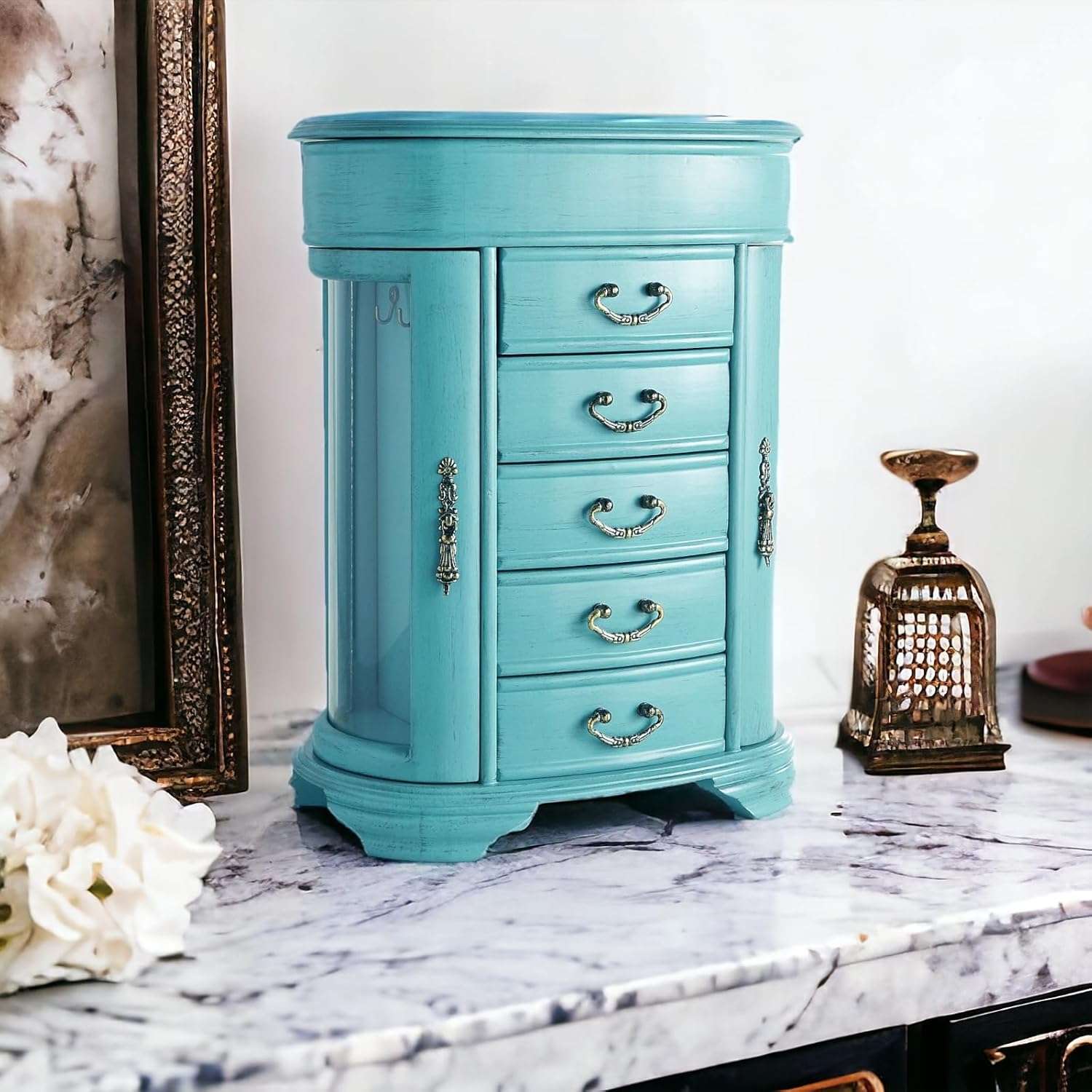 Hives & Honey Daphne Oval Glass Turquoise Jewelry Chest Jewelry Organizer Box Case Mirrored Storage - 4