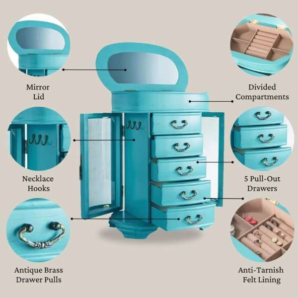 Hives & Honey Daphne Oval Glass Turquoise Jewelry Chest Jewelry Organizer Box Case Mirrored Storage - 6