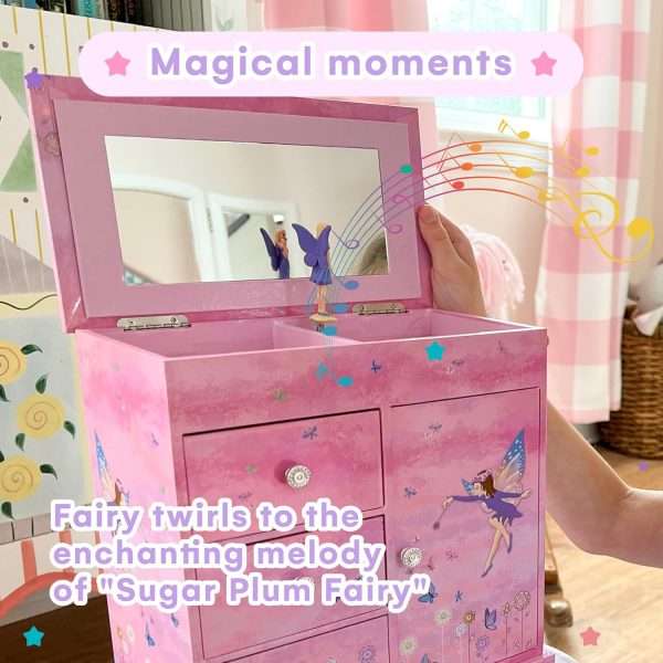 Jewelkeeper Jewelry Box - Jewelry Box for Girls with Ballerina Music Box - 3 Spacious Drawers, Necklace Carousel, Soft Pink Lining and Flowers Design - Sugar Plum Fairy Tune - 2