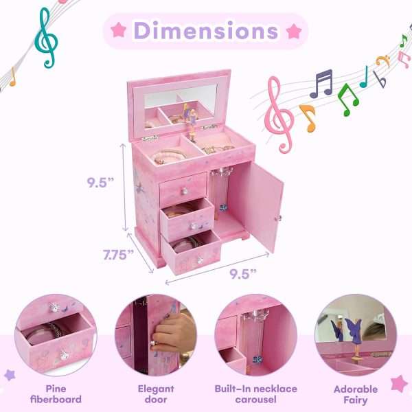 Jewelkeeper Jewelry Box - Jewelry Box for Girls with Ballerina Music Box - 3 Spacious Drawers, Necklace Carousel, Soft Pink Lining and Flowers Design - Sugar Plum Fairy Tune - 3