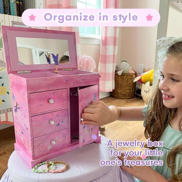 Jewelkeeper Jewelry Box - Jewelry Box for Girls with Ballerina Music Box - 3 Spacious Drawers, Necklace Carousel, Soft Pink Lining and Flowers Design - Sugar Plum Fairy Tune - 4