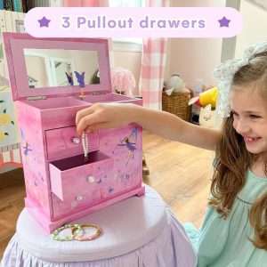 Jewelkeeper Jewelry Box - Jewelry Box for Girls with Ballerina Music Box - 3 Spacious Drawers, Necklace Carousel, Soft Pink Lining and Flowers Design - Sugar Plum Fairy Tune - 6