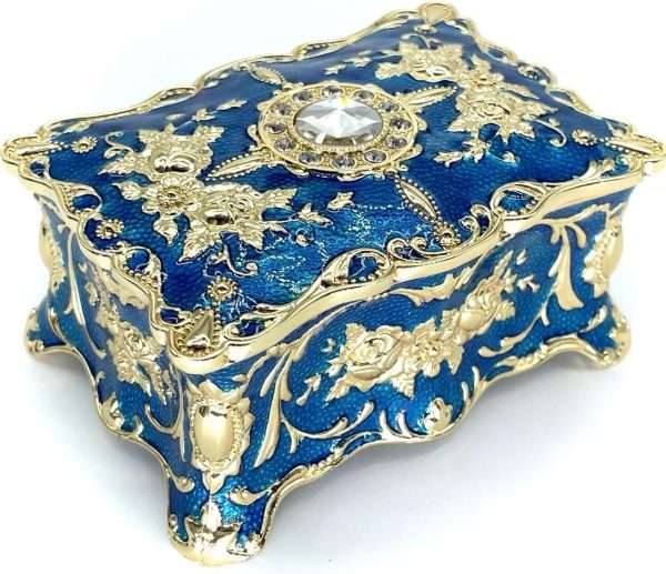 Jewelry Chest Rose Pastoral Style Metal Box Trinket Vintage Trinket Gemstone Storage Tray Treasure Souvenir Gift Case for Girls Women (Golden Blue, Small) - 1
