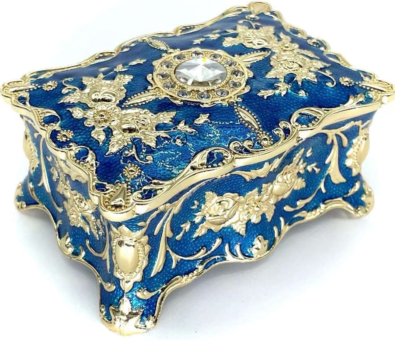 Jewelry Chest Rose Pastoral Style Metal Box Trinket Vintage Trinket Gemstone Storage Tray Treasure Souvenir Gift Case for Girls Women (Golden Blue, Small) - 1