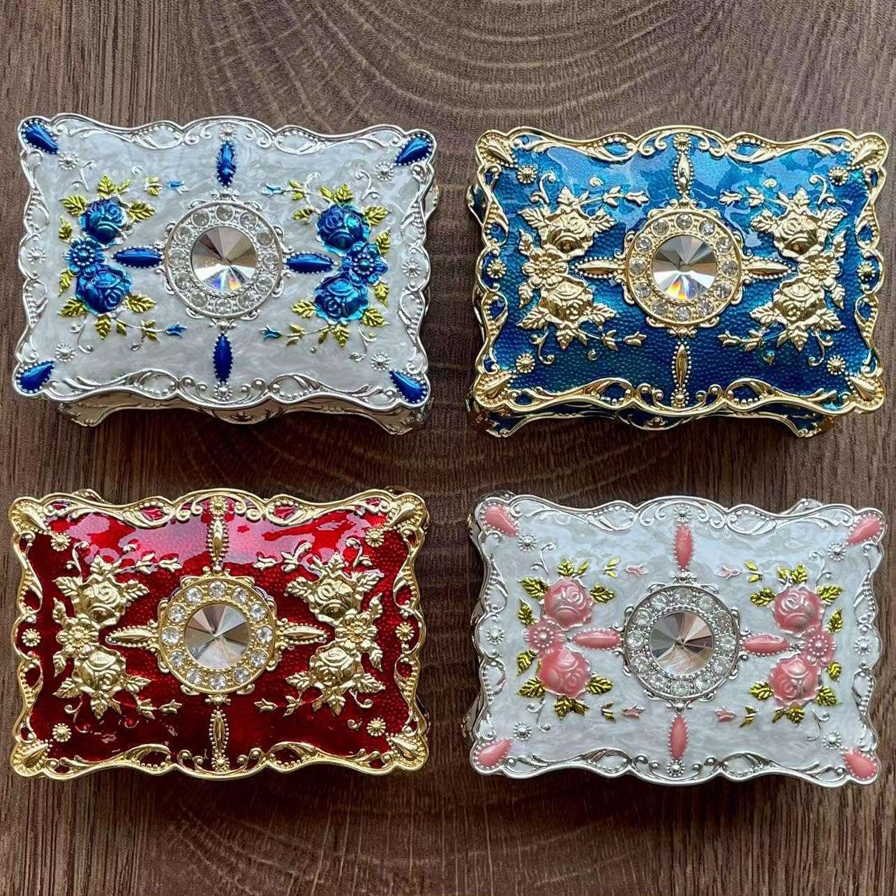 Jewelry Chest Rose Pastoral Style Metal Box Trinket Vintage Trinket Gemstone Storage Tray Treasure Souvenir Gift Case for Girls Women (Golden Blue, Small) - 6