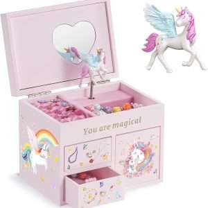 Lolalet Wooden Jewelry Box with Unicorn for Girls, Musical Children's Jewelry Organizer, Gift for Toddler Age 2 3 4 5 6 7 8 9 on Birthday -Pink - 1