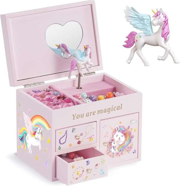 Lolalet Wooden Jewelry Box with Unicorn for Girls, Musical Children's Jewelry Organizer, Gift for Toddler Age 2 3 4 5 6 7 8 9 on Birthday -Pink - 1
