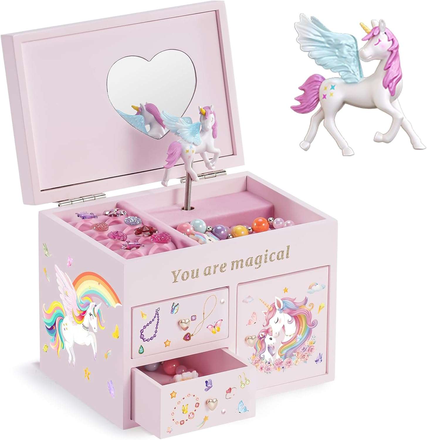 Lolalet Wooden Jewelry Box with Unicorn for Girls, Musical Children's Jewelry Organizer, Gift for Toddler Age 2 3 4 5 6 7 8 9 on Birthday -Pink - 1
