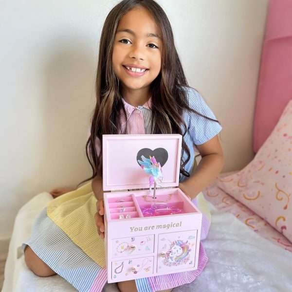 Lolalet Wooden Jewelry Box with Unicorn for Girls, Musical Children's Jewelry Organizer, Gift for Toddler Age 2 3 4 5 6 7 8 9 on Birthday -Pink - 2