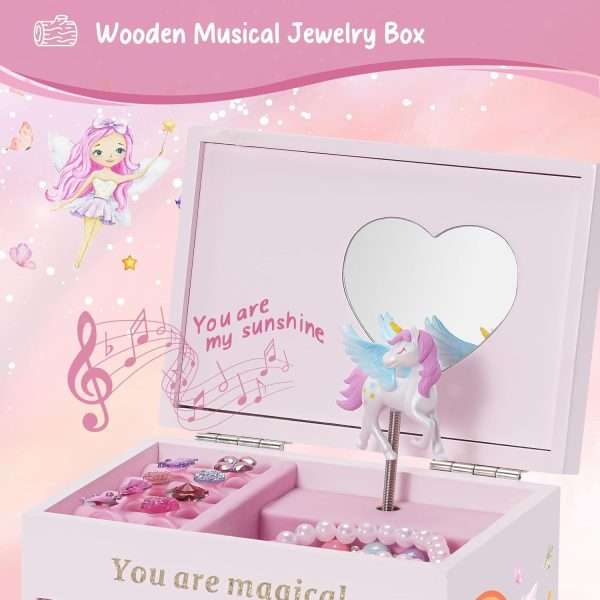 Lolalet Wooden Jewelry Box with Unicorn for Girls, Musical Children's Jewelry Organizer, Gift for Toddler Age 2 3 4 5 6 7 8 9 on Birthday -Pink - 3