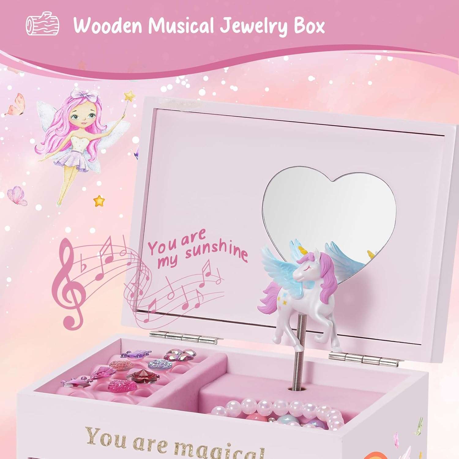 Lolalet Wooden Jewelry Box with Unicorn for Girls, Musical Children's Jewelry Organizer, Gift for Toddler Age 2 3 4 5 6 7 8 9 on Birthday -Pink - 3