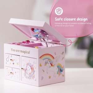 Lolalet Wooden Jewelry Box with Unicorn for Girls, Musical Children's Jewelry Organizer, Gift for Toddler Age 2 3 4 5 6 7 8 9 on Birthday -Pink - 4