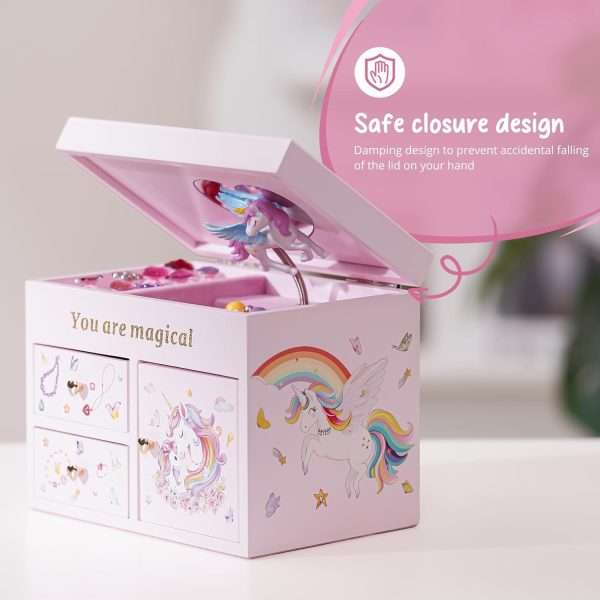 Lolalet Wooden Jewelry Box with Unicorn for Girls, Musical Children's Jewelry Organizer, Gift for Toddler Age 2 3 4 5 6 7 8 9 on Birthday -Pink - 4