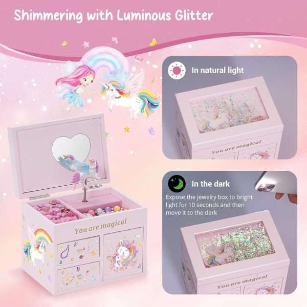 Lolalet Wooden Jewelry Box with Unicorn for Girls, Musical Children's Jewelry Organizer, Gift for Toddler Age 2 3 4 5 6 7 8 9 on Birthday -Pink - 5