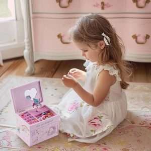 Lolalet Wooden Jewelry Box with Unicorn for Girls, Musical Children's Jewelry Organizer, Gift for Toddler Age 2 3 4 5 6 7 8 9 on Birthday -Pink - 6