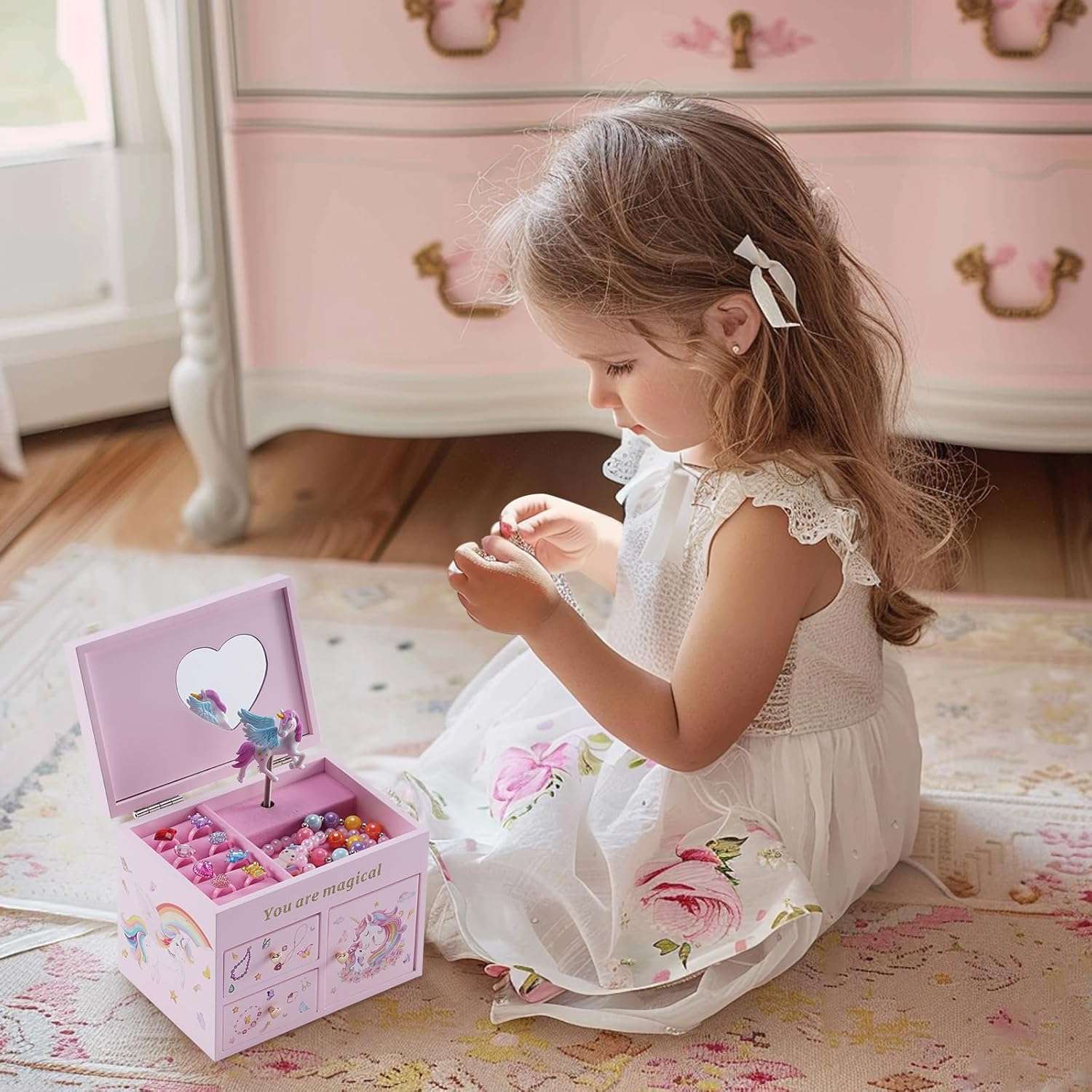 Lolalet Wooden Jewelry Box with Unicorn for Girls, Musical Children's Jewelry Organizer, Gift for Toddler Age 2 3 4 5 6 7 8 9 on Birthday -Pink - 6