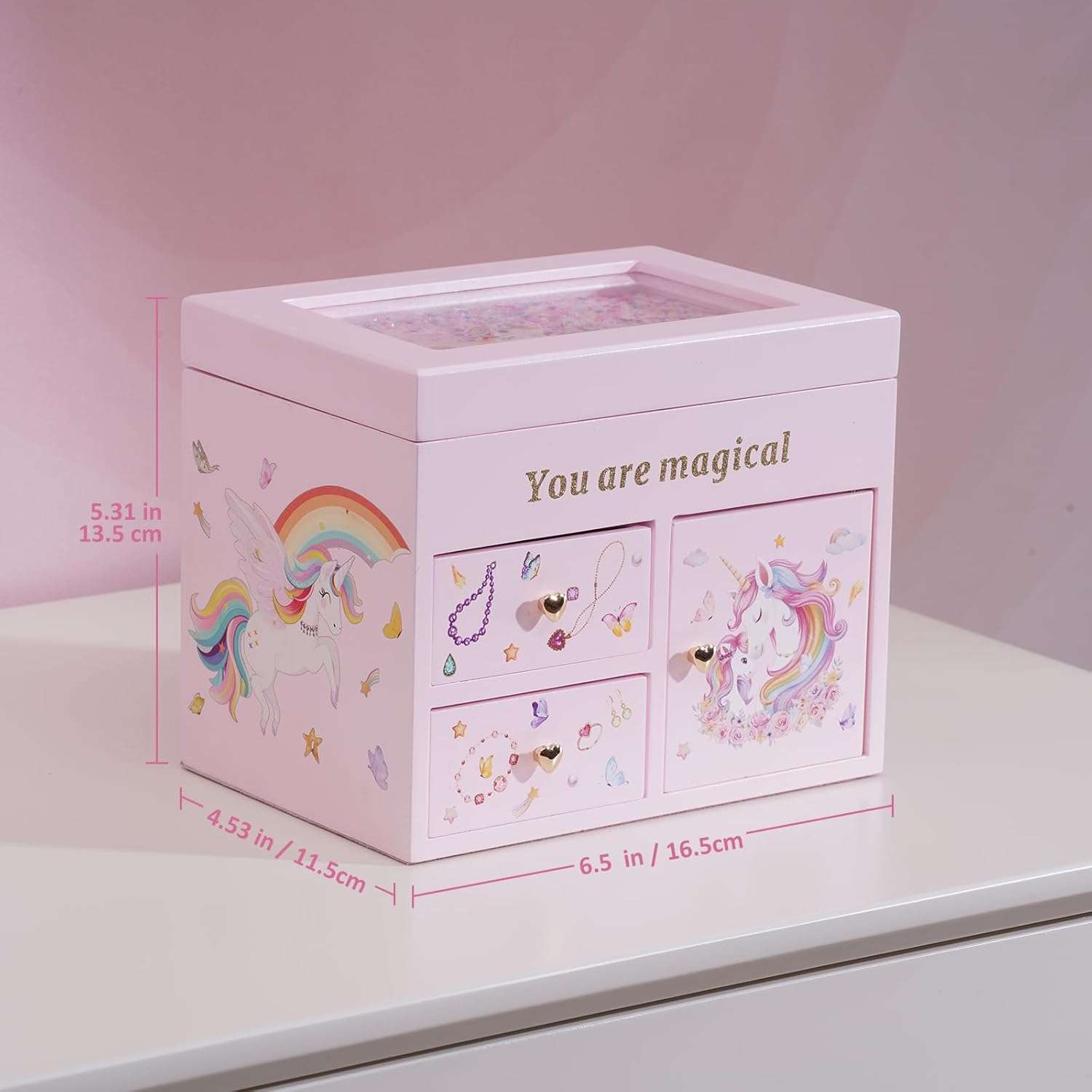 Lolalet Wooden Jewelry Box with Unicorn for Girls, Musical Children's Jewelry Organizer, Gift for Toddler Age 2 3 4 5 6 7 8 9 on Birthday -Pink - 7