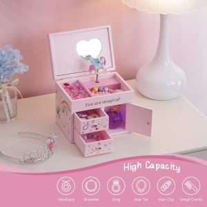 Lolalet Wooden Jewelry Box with Unicorn for Girls, Musical Children's Jewelry Organizer, Gift for Toddler Age 2 3 4 5 6 7 8 9 on Birthday -Pink - 9