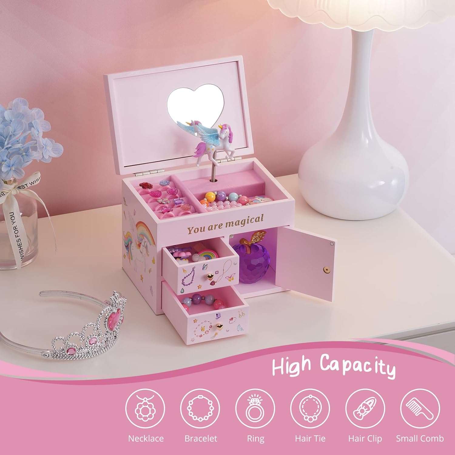Lolalet Wooden Jewelry Box with Unicorn for Girls, Musical Children's Jewelry Organizer, Gift for Toddler Age 2 3 4 5 6 7 8 9 on Birthday -Pink - 9